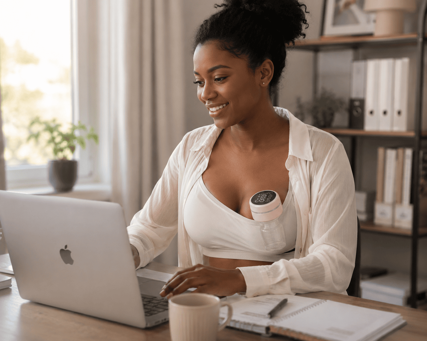 maman utilisant le Lectric Breast Pump tire-lait portable mains libres sous v&ecirc;tement au bureau