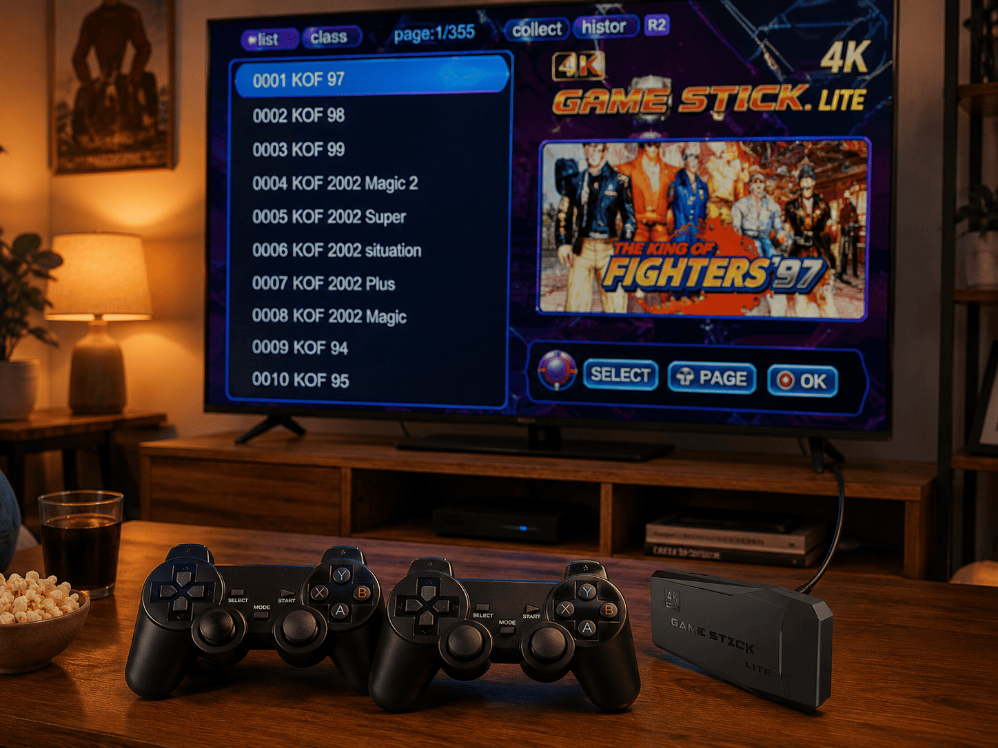 Game Stick Lite 4K branché sur TV en salon, 2 manettes posées sur table basse