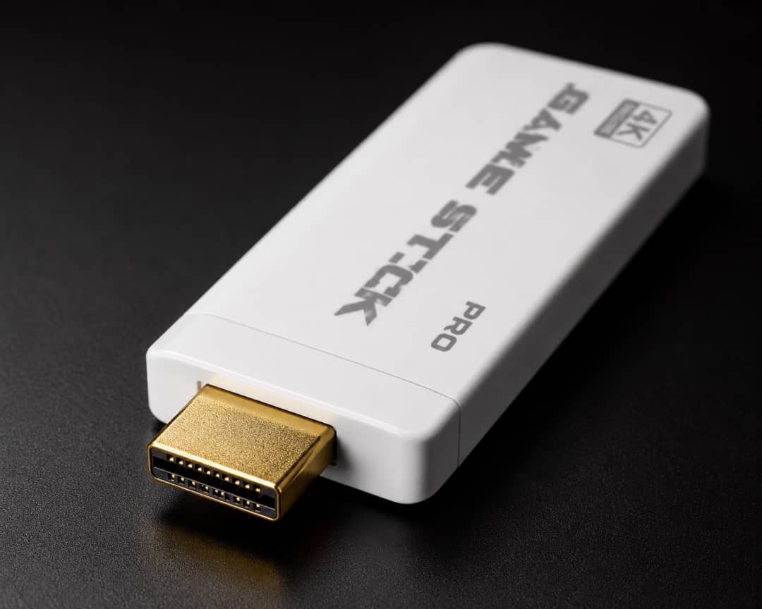 Gros plan connecteur HDMI doré de la Game Stick M15 Plus 4K — détail technique qualité premium