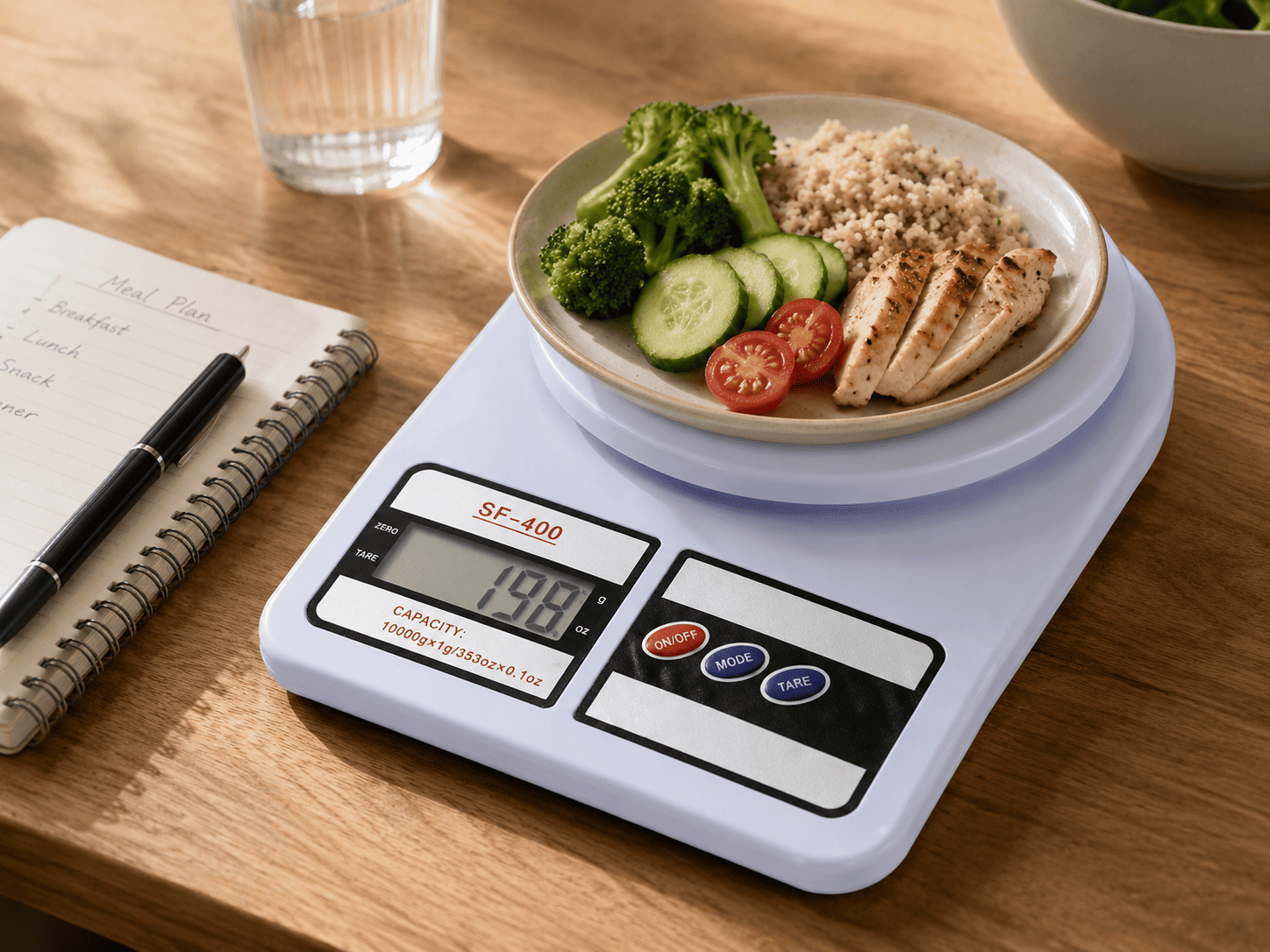 Balance &eacute;lectronique SF-400 utilis&eacute;e pour peser une portion alimentaire dans un contexte di&egrave;te et nutrition
