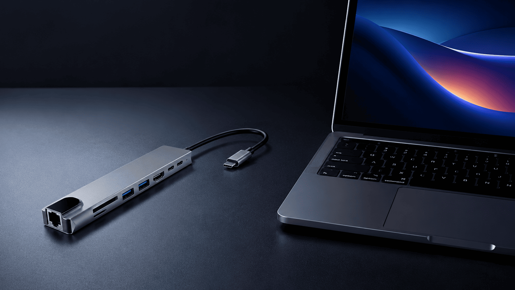 Flat lay Hub USB-C 8 en 1 Efrica entour&eacute; de ses 8 accessoires compatibles &mdash; HDMI, USB 3.0, RJ45, SD, TF, charge PD 87W