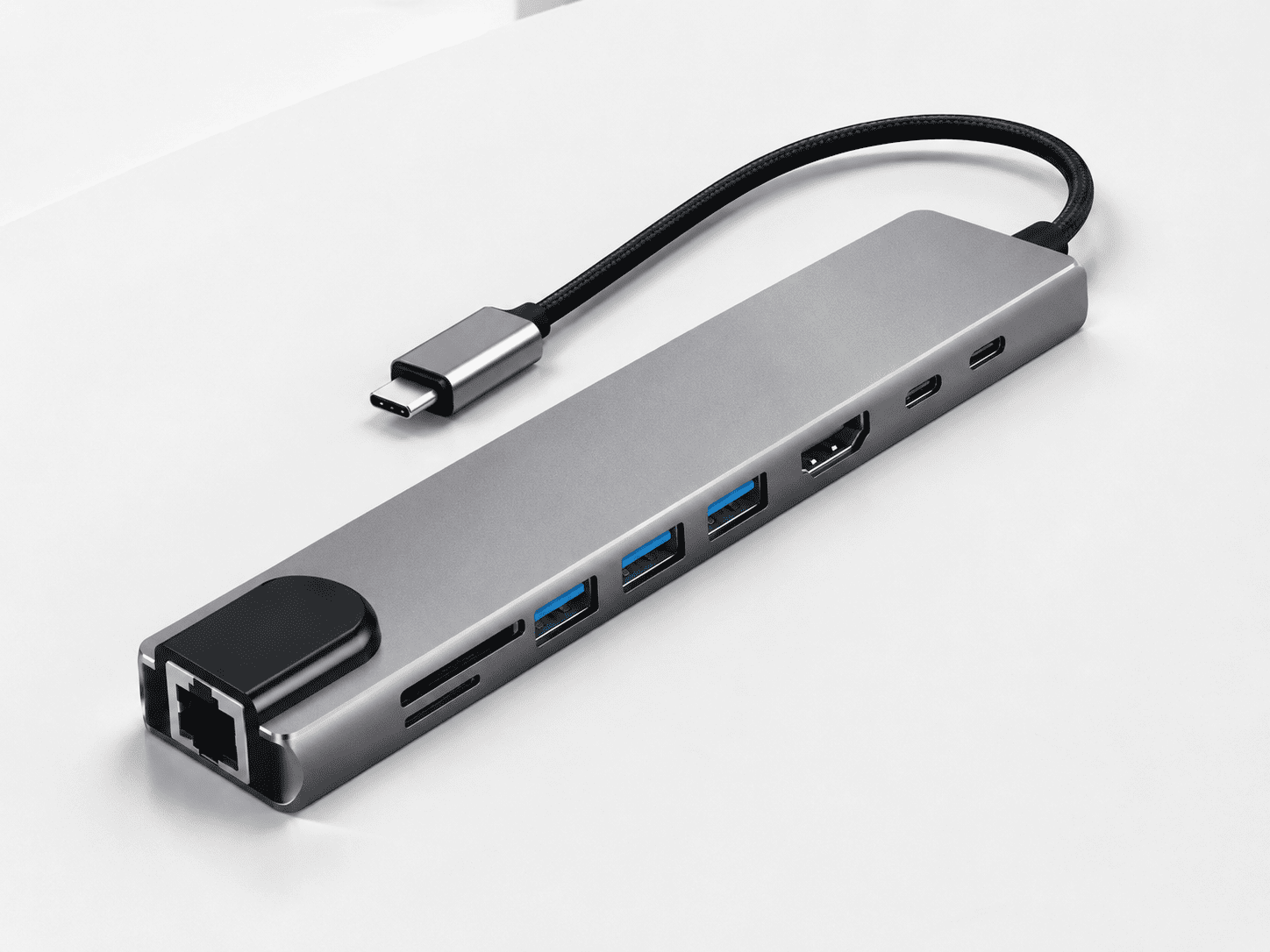 Hub USB-C 8 en 1 Efrica EF-0801-TPG aluminium gris sid&eacute;ral, vue 3/4 ports visibles &mdash; station d'accueil multiport HDMI 4K