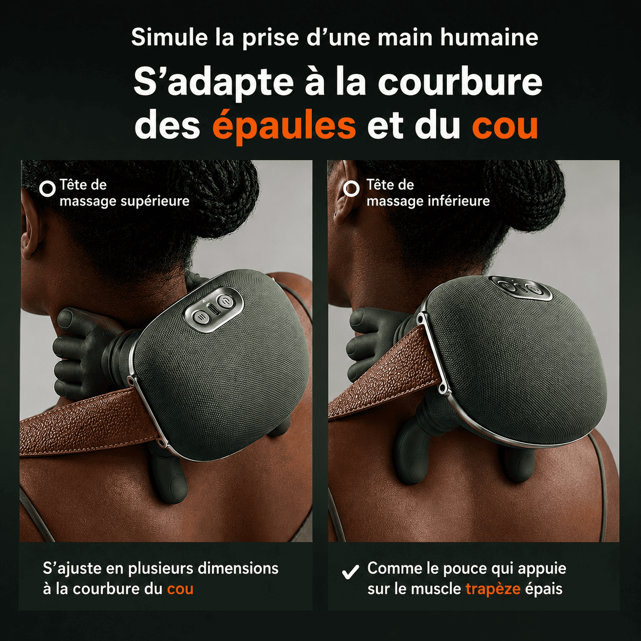 Appareil de massage cervical ergonomique simulant une prise de main humaine, conçu pour soulager les douleurs du cou, des épaules et des trapèzes grâce à un massage profond adaptable à la courbure naturelle du cou. Masseur cervical électrique portable pour détente musculaire et relaxation à domicile.
