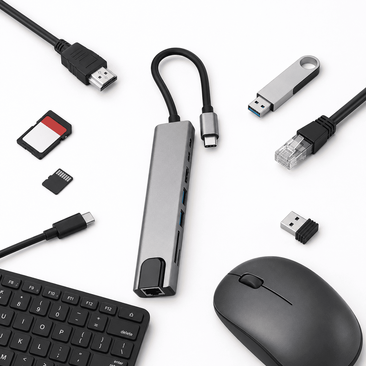  Hub Efrica 8 en 1 branch&eacute; sur MacBook Pro avec cl&eacute; USB, HDMI et c&acirc;ble Ethernet connect&eacute;s simultan&eacute;ment &mdash; usage bureau t&eacute;l&eacute;travail