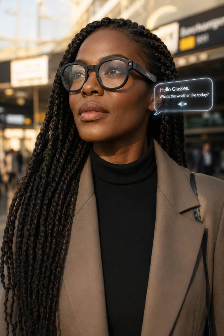 Femme africaine élégante portant les lunettes intelligentes AiMB-S1 — assistant vocal IA mains libres