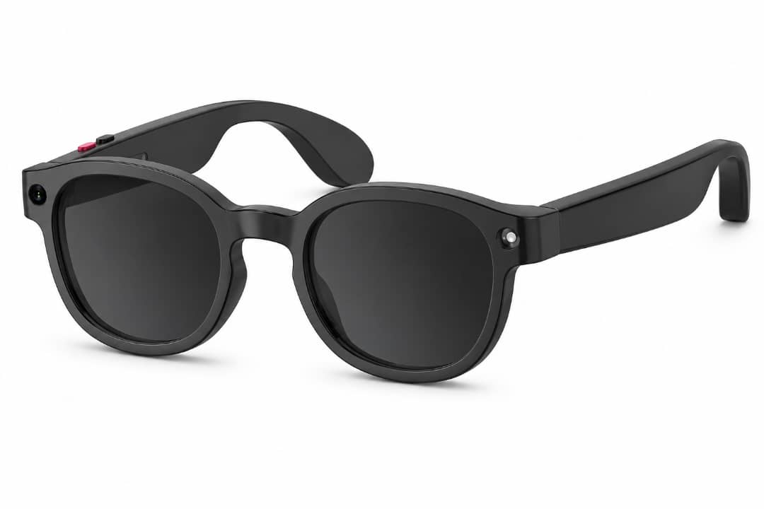 Lunettes intelligentes AiMB-S1 noires monture ronde — vue studio fond blanc, caméra et flash visibles