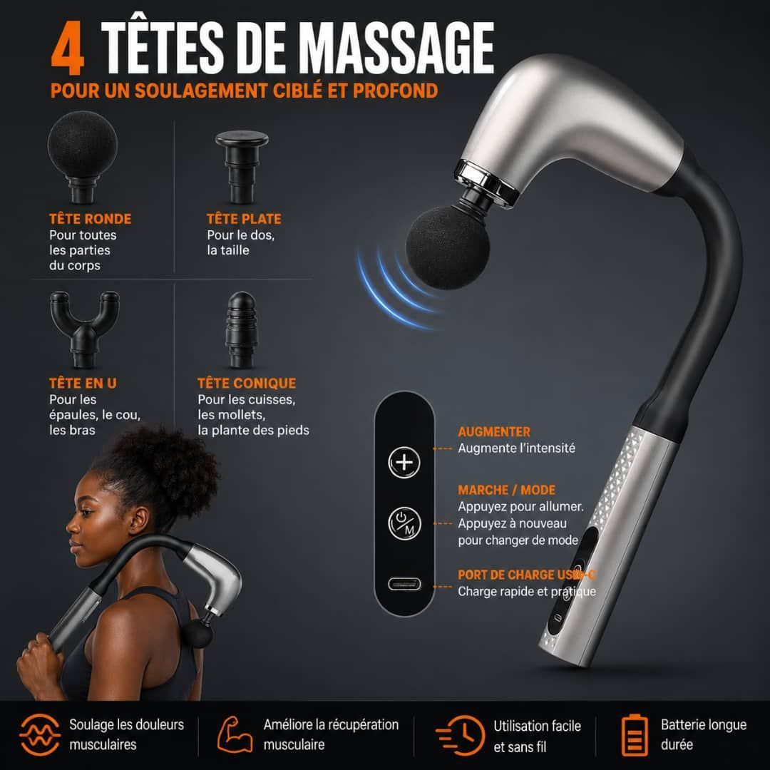 Masseur Électrique Percussif Sans Fil pour Cou, Épaules et Corps – 4 Têtes de Massage Interchangeables