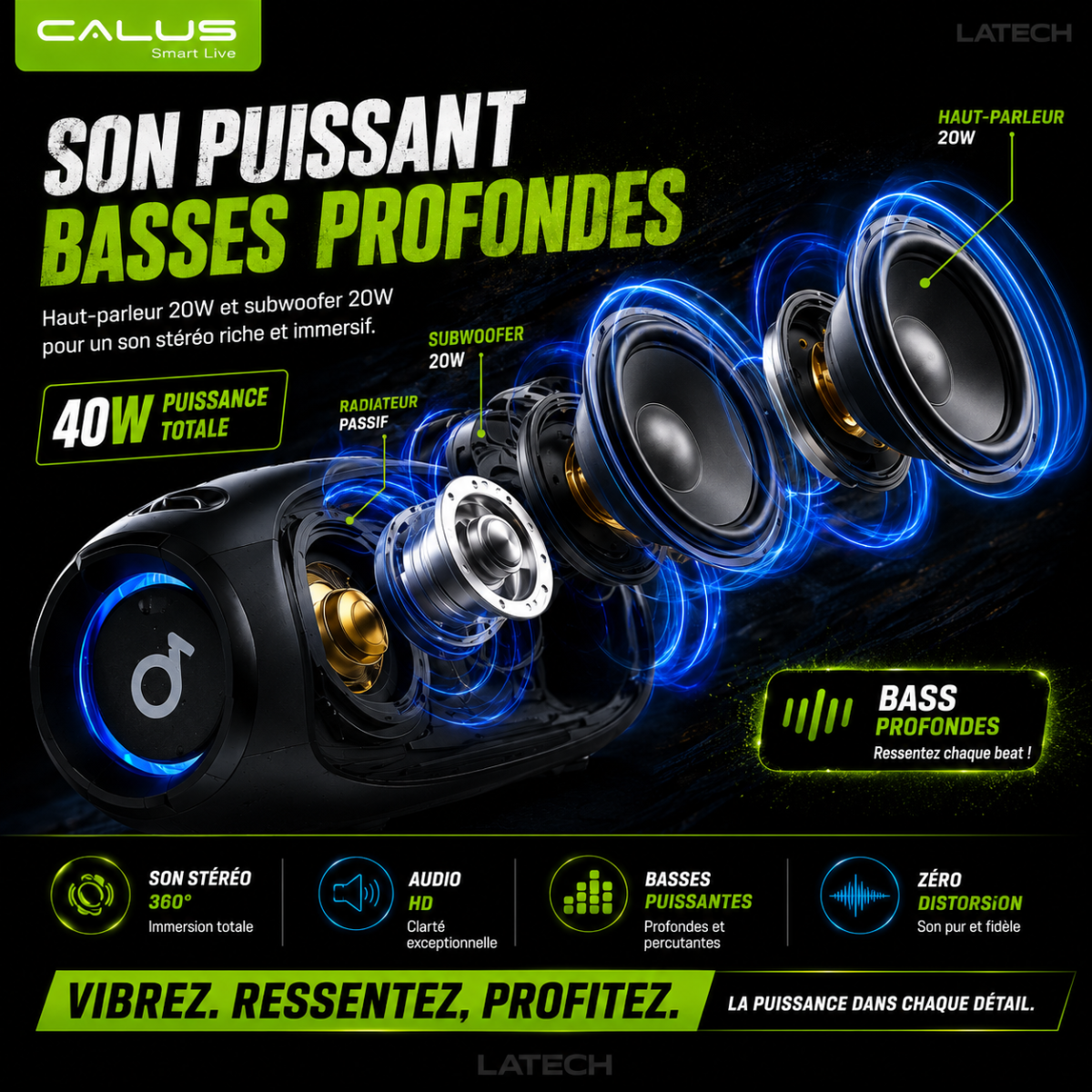 Enceinte Bluetooth Portable CALUS BOOM 3 Pro 40W – Son Puissant, Étanche IPX6, Batterie 5400mAh
