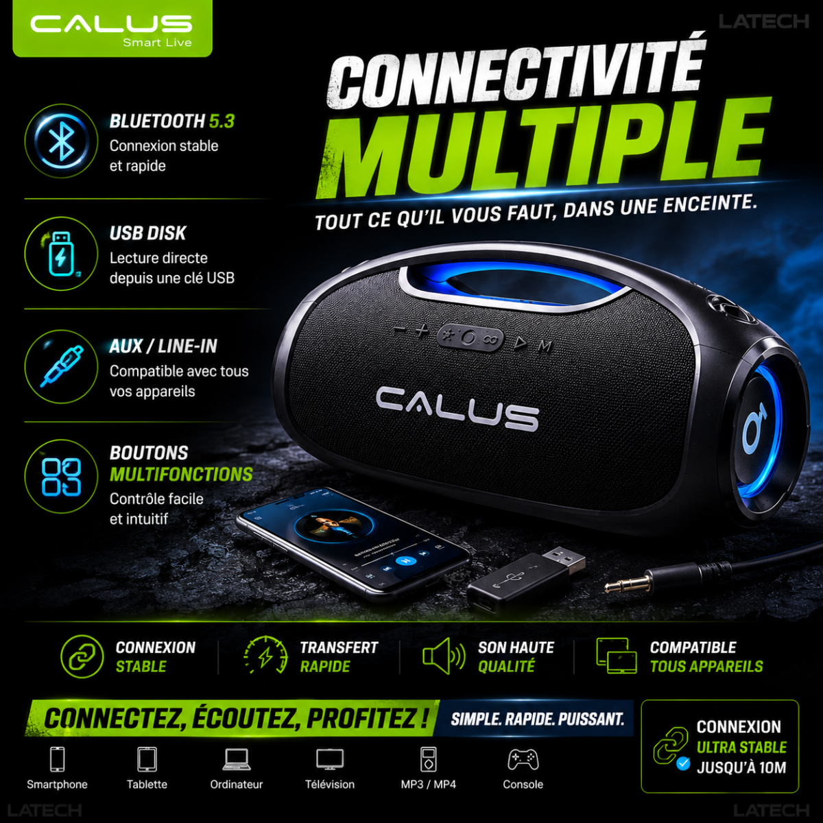 Enceinte Bluetooth Portable CALUS BOOM 3 Pro 40W – Son Puissant, Étanche IPX6, Batterie 5400mAh