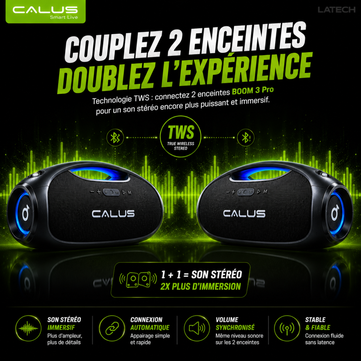 Enceinte Bluetooth Portable CALUS BOOM 3 Pro 40W – Son Puissant, Étanche IPX6, Batterie 5400mAh