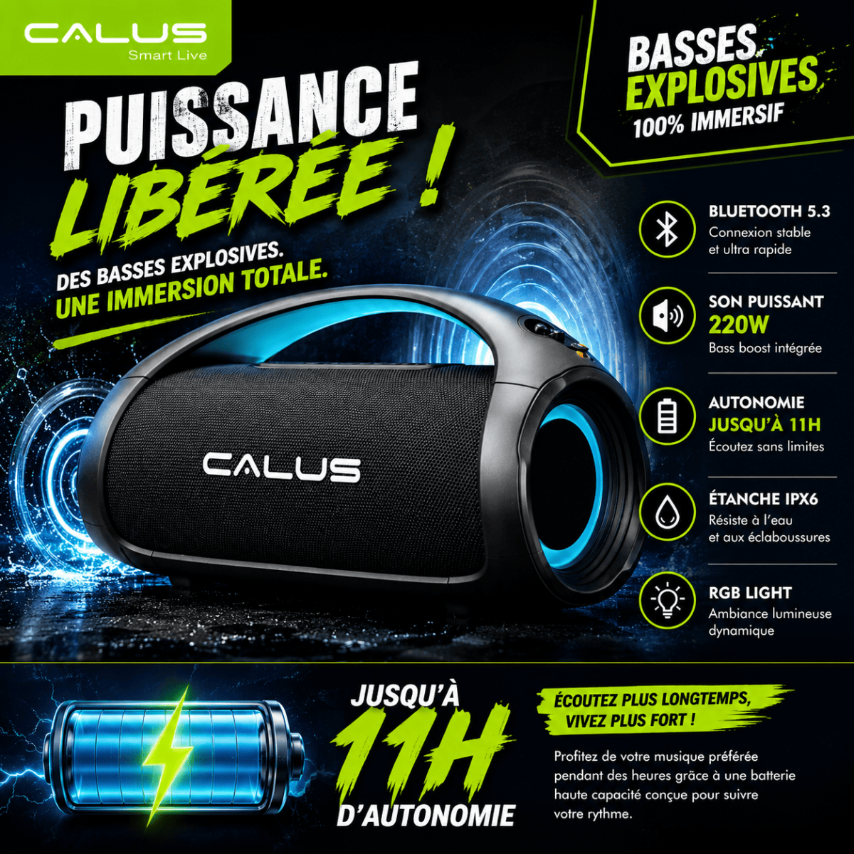 Enceinte Bluetooth Portable CALUS BOOM 3 Pro 40W – Son Puissant, Étanche IPX6, Batterie 5400mAh