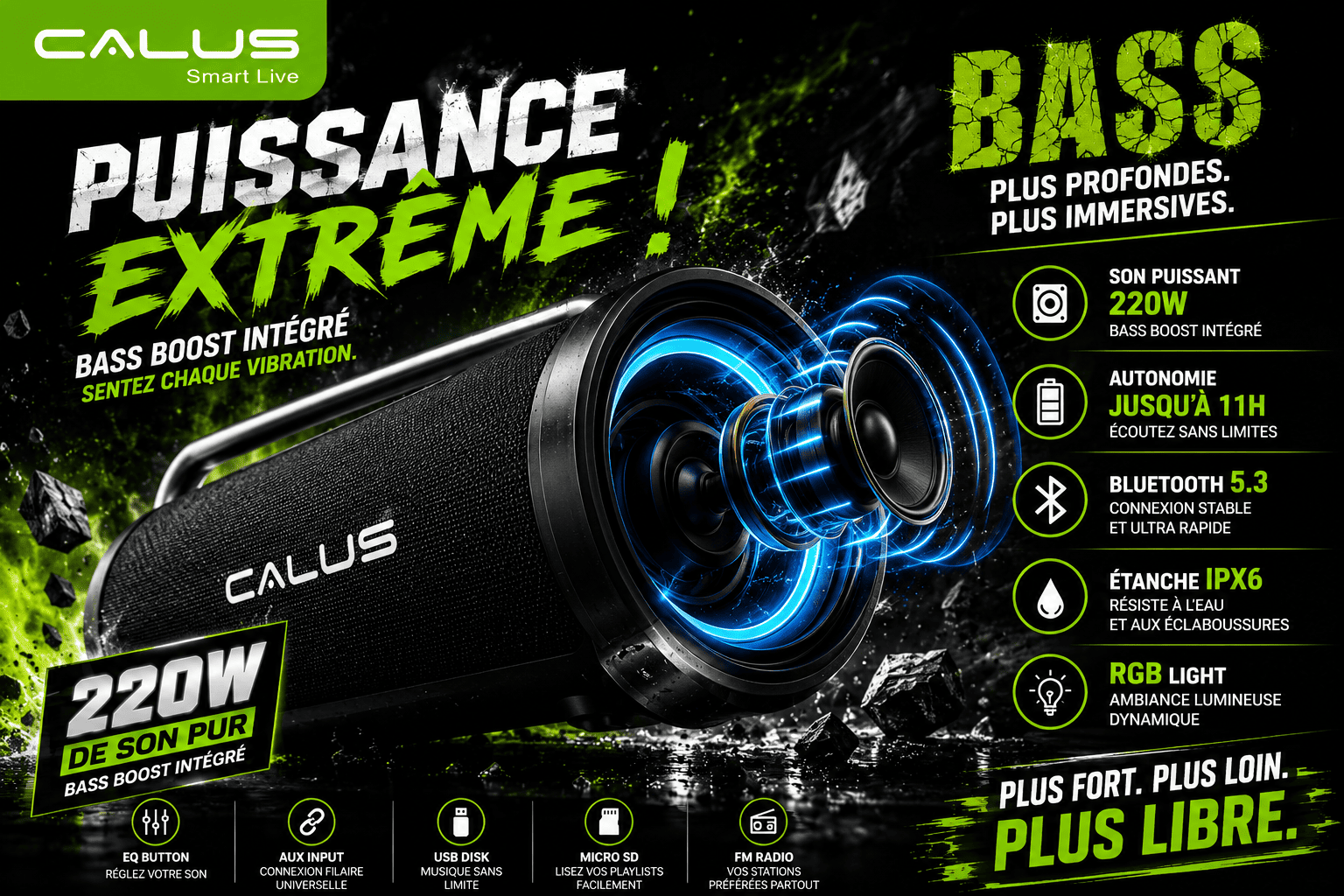 Enceinte Bluetooth Portable CALUS BOOM 3 Pro 40W – Son Puissant, Étanche IPX6, Batterie 5400mAh