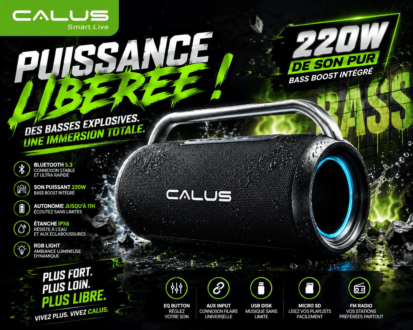 Enceinte Bluetooth Portable CALUS BOOM 3 Pro 40W – Son Puissant, Étanche IPX6, Batterie 5400mAh