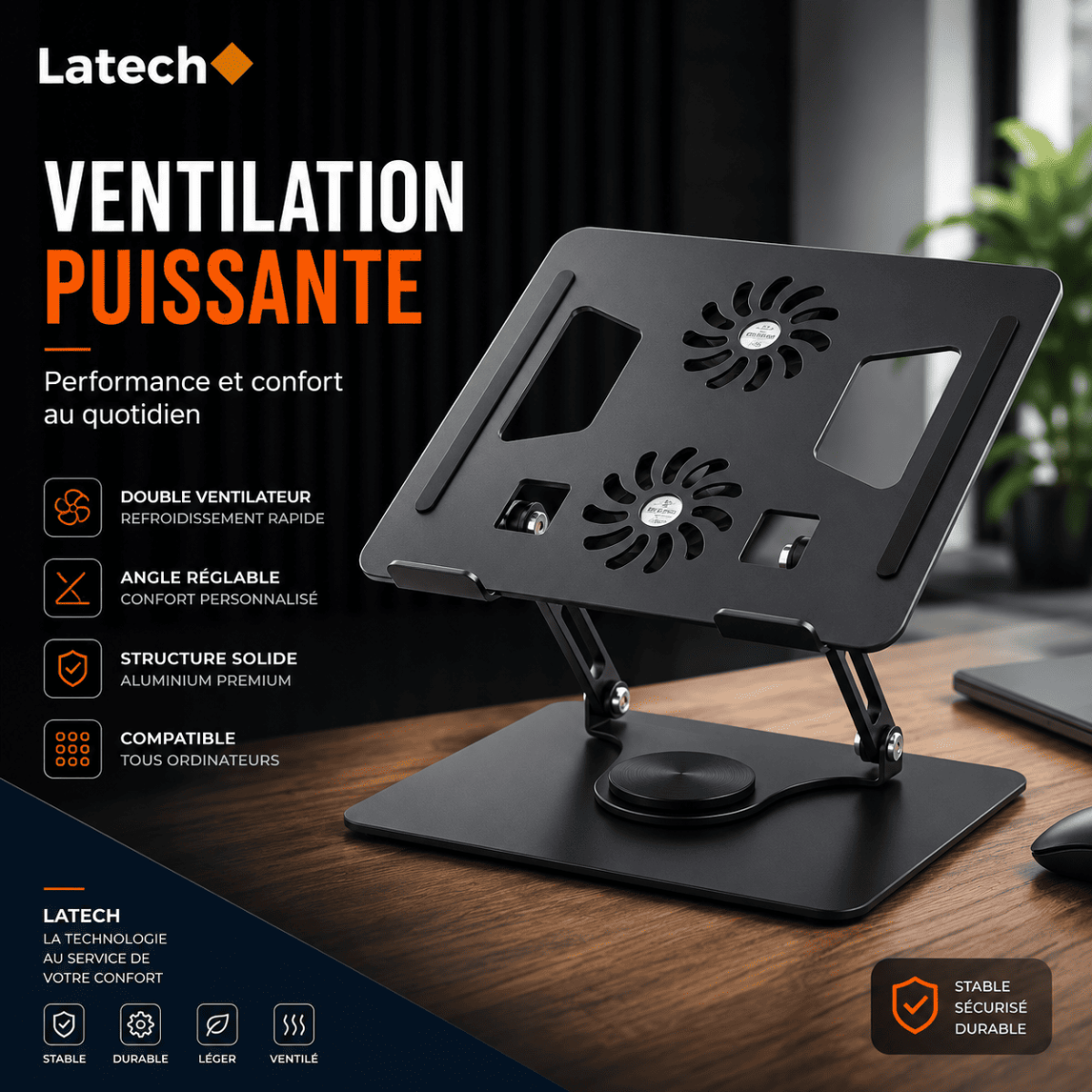 Support Refroidisseur PC Portable Réglable avec Double Ventilateur – Support Laptop Gaming Ergonomique