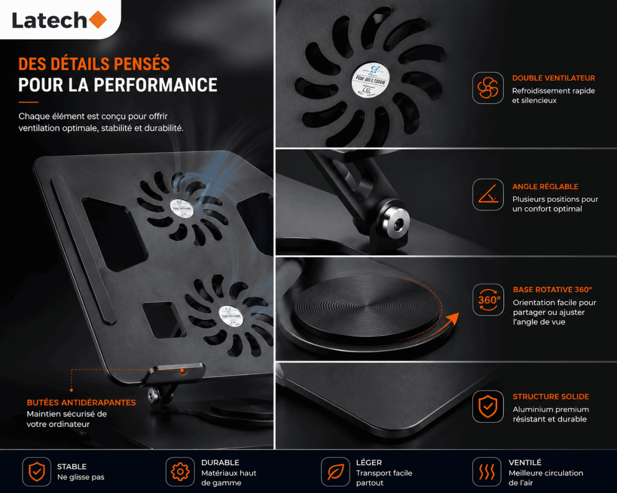 Support Refroidisseur PC Portable Réglable avec Double Ventilateur – Support Laptop Gaming Ergonomique