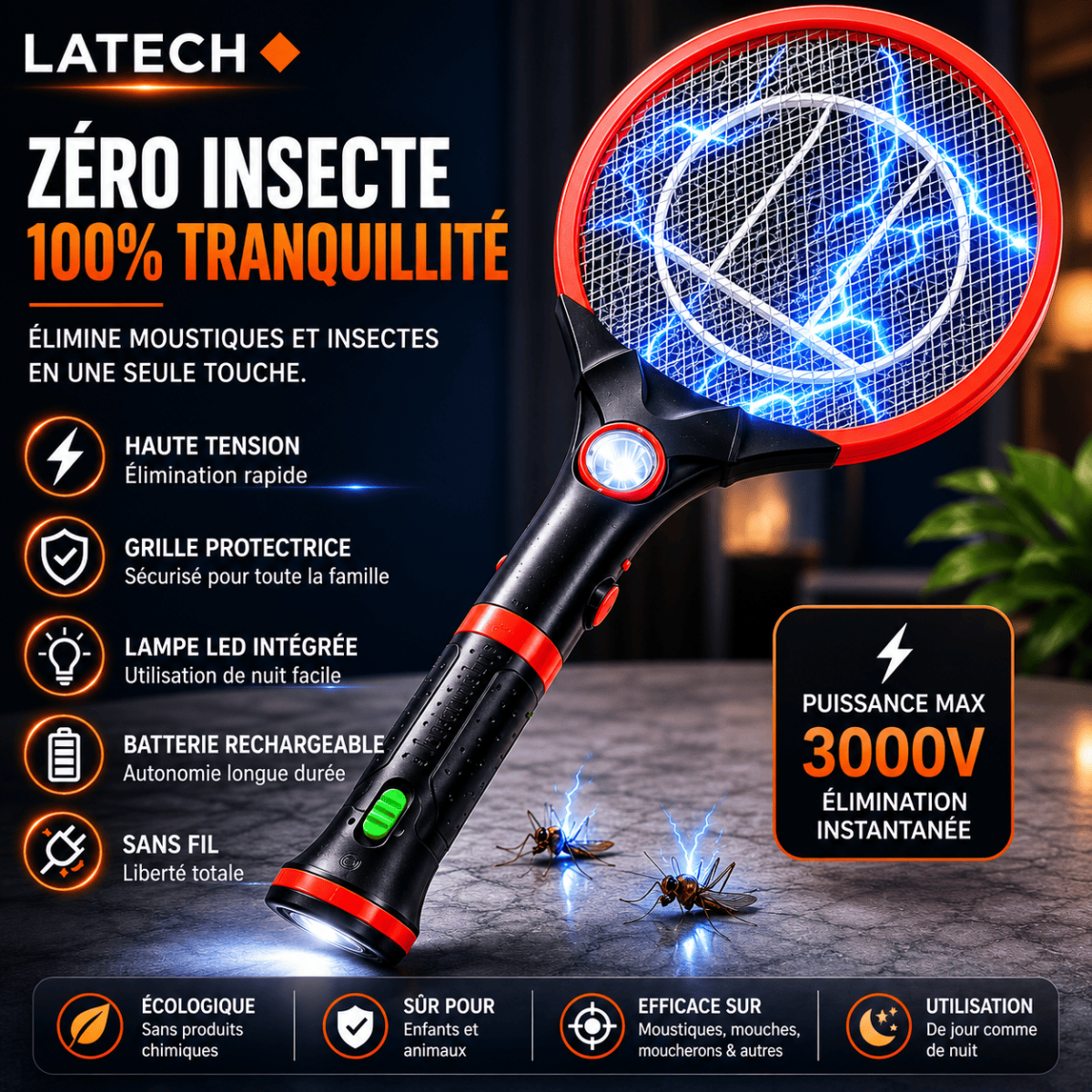 Raquette Électrique Anti-Moustiques Rechargeable LED – Tue Insectes Portable 2-en-1