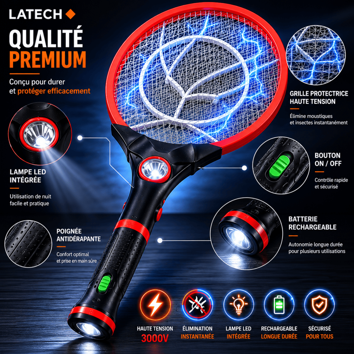 Raquette Électrique Anti-Moustiques Rechargeable LED – Tue Insectes Portable 2-en-1