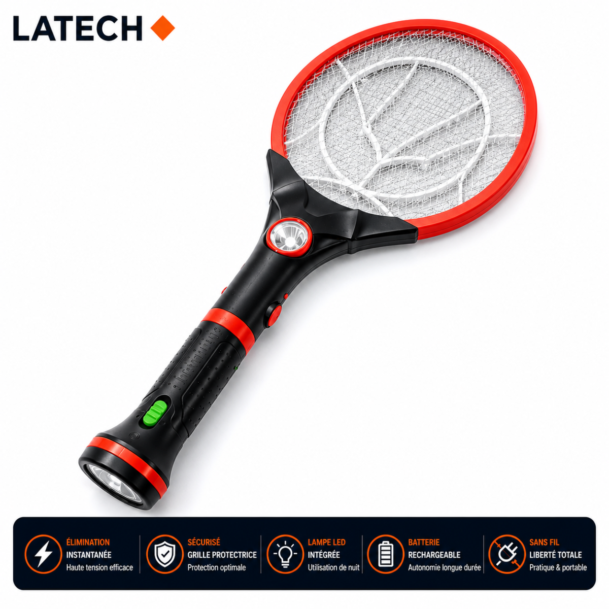 Raquette Électrique Anti-Moustiques Rechargeable LED – Tue Insectes Portable 2-en-1