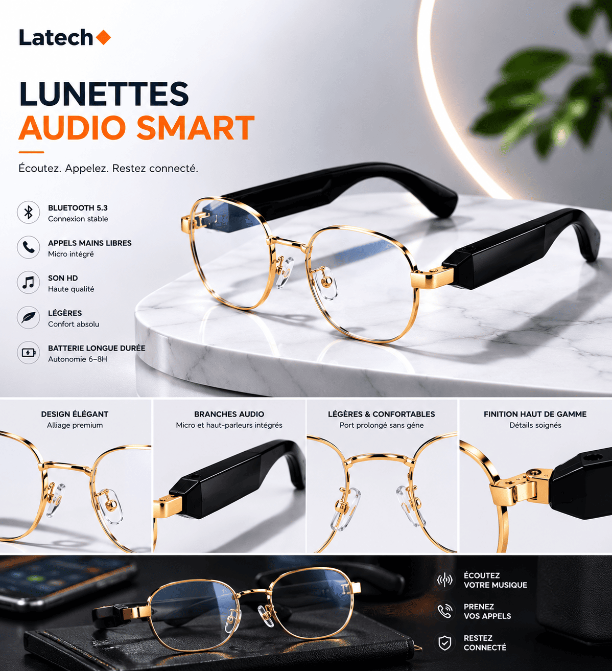 Lunettes Audio Connectées Bluetooth SmartSound™ – Smart Audio Glasses Sans Fil avec Micro Intégré
