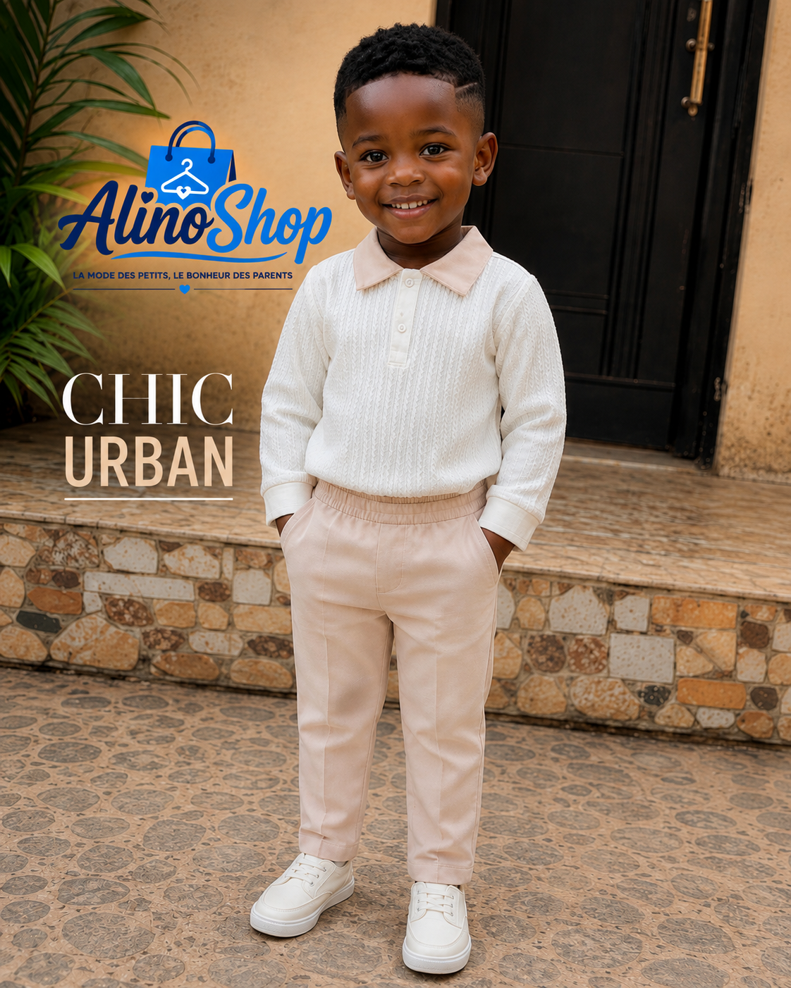 Ensemble chic garçon – polo blanc et pantalon beige