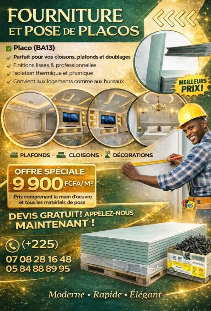 Fourniture et pose de plafond placoplâtre BA13